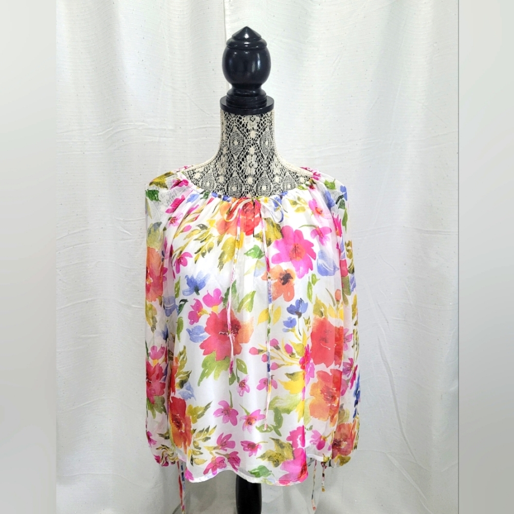 Autres Filles Women's Floral Print Chiffon with Tie Neck Blouse Multicolor Sz-XL